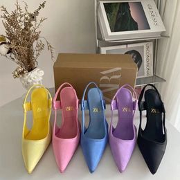 Slipper Pumps Slingbacks Satin Concise High Heels Pink Yellow Party Dress Ladies Sandals Shoes 2023 Stiletto 9cm Size 42 231026