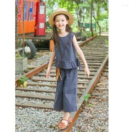 Clothing Sets Girls Summer Clothes Children Fashion Dark Grey Sleeveless Top Wide Leg Pants 2Pcs Big Cute Pure Suits 4-12 Years