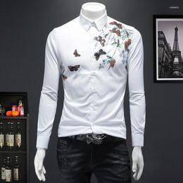 Men's Casual Shirts 2023 Autumn Butterfly Diamond-Ironing Print Long Sleeve Shirt Fashion Trendy Social Slim Fit Top