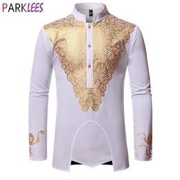 Luxury Metallic Gold Print African Man Clothing Agbada Kaftan Attire White Wedding Mens Dress Shirts Nehru Collar Dashiki Shirt 21325R