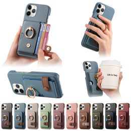 ID Card Slot Pocket Holder Cases For Iphone 15 Plus 14 Pro Max 13 12 11 X XR XS 8 7 Leechee Litchi PU Leather Finger Ring Stand Kickstand Hard PC TPU Cell Phone Back Cover