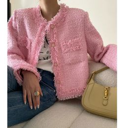 Women's Jackets Pink Fringe Fur Shoulder Pad Tweed Jacket Blazer Boucle Crop Coat for Women Spring 231026