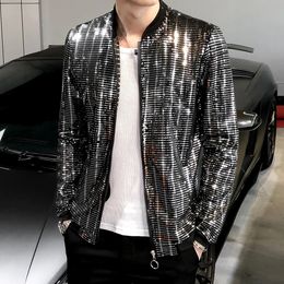 Mens Jackets Sequined Bomber Jacket Men Shiny Sequins Long Sleeve Glitter Zipper Coat Hip Hop Loose Night Club Stage Streetwear Coats 231026