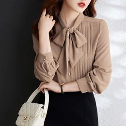 Women's Blouses Chiffon Shirts S OL Style Bow Tie Tops Cute Sweet Korean Temperament Lady Casual Khaki Shirt A778