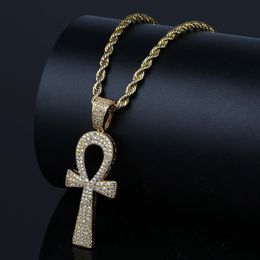 Hip Hop Silver Gold Color Jesus Egyptian Ankh Key Cross Pendant Necklaces Cubic Zirconia Long Chains for Male and Women277o