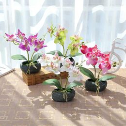 Decorative Flowers Double Butterfly Orchid Potted Plant Artificial Silk Flower Bonsai Cement Flowerpot Wedding Party Home Garden Decor