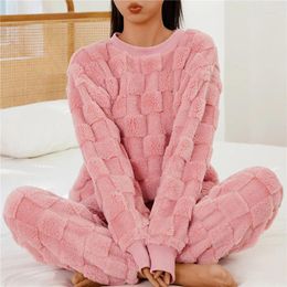 Women's Sleepwear Winter Fleece Pajamas Set Women Solid Velvet 2 Piece Pant Home Suit Fluffy Casual Warm O-neck Night Wear