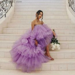 Basic Casual Dresses Fashion Lavender Draped Tulle High Low Women Dresses Off The Shoulder Long Ruffles Mesh Dress To Party Bridal Tulle Dress T231026