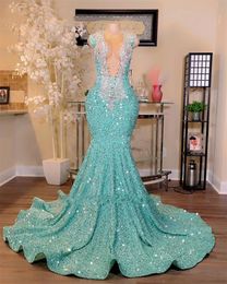 Mint Green Sequin Mermiad Dresses 2024 Black Girl For Robe De Bal Sheer Neck Plus Size Sweep Train Prom Party Gowns 322