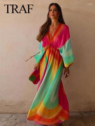 Casual Dresses Women Colourful Tie Dye Long Dress Beading V Neck Sleeve Loose 2023 Chic Woman Elegant For Evening Party