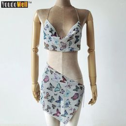 Women's Tanks Two-Piece Backless Slit Metal Sequin Set For Ladies Butterfly Pattern Printing Nightclub Jumping Sexy Dress