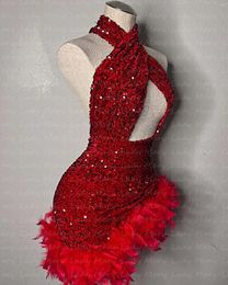 Party Dresses 2024 Red Sequins Homecoming Feather Halter Neck Mini Length Girl Graduation Prom Gowns Robe Maxi Y2K