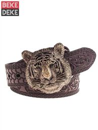 Belts Vintage Mens Wing Tip Tiger Buckle Cow Split Leather Belt Punk Style Waistband Fashion Strap For Pants Male YQ231026