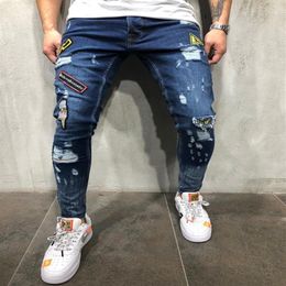 High Quality Mens Skinny Jeans Rip Slim fit Stretch Denim Distress Frayed Biker Jeans Boys Embroidered Patterns Pencil Trousers275h