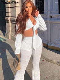 Women's Two Piece Pants Kricesseen Sexy White Lace Skinny Pieces Pant Set Women Long Sleeve Bandage Top And Leggings Suit Clubwear Matching