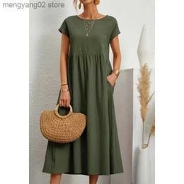 Basic Casual Dresses Solid Color Casual Loose Summer Long Dresses For Women 2023 Trendy Elegant Vintage Women's Plus Size Short Sleeve O-Neck Dress T231026