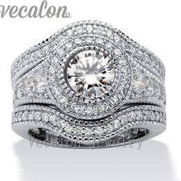 Vecalon Fashion Vintage Engagement Wedding band Ring Set for Women 2ct Cz Diamond 10KT White Gold Filled Party Finger ring275p