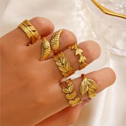 Wedding Rings ANENJERY Stainless Steel Gold Colour Leaves For Women French Vintage Open Ring Jewellery Accessory Wholesale