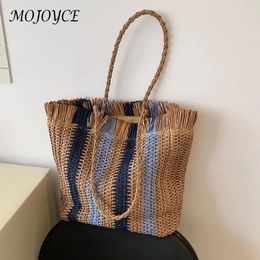 Evening Bags Fashion Straw Woven Shoulder Bag Stripes Handmade Summer Beach Top-handle Handbag Travel Holiday Women Vacation Shopper 231026