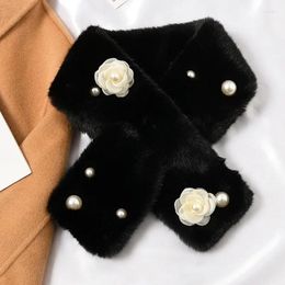 Scarves Korean Pearl Flower Faux Fur Cross Plush Scarf Women Winter Outdoor Windproof Neck Protection Fake Collar Warm Shawl T61