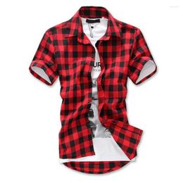 Men's Casual Shirts Wholesale- Fashion Red Black Blue Mens Plaid Shirt Short Sleeve Men Checked Cotton Causal Grid Silm Fit