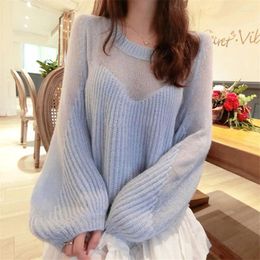 Women's Sweaters Women Fashion Thin Soft Wool Sweater Long Lantern Sleeve Loose Casual Pullover O Neck Red White Blue Pink Knit Tops Jumper