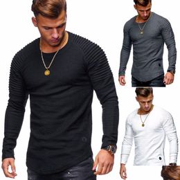 Men'S T-Shirts Men Long Sleeve T Shirt Mens Round Neck Slim Bottoming Striped Pleated Raglan Sleeves T-Shirt Drop Delivery Apparel C Dhsuw
