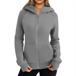 Women's Hoodies Women Autumn Winter Solid Colour Sport Sweatshirt Stand Collar Hooded Long Sleeve Pockets Zipper Placket Hoodie Coat