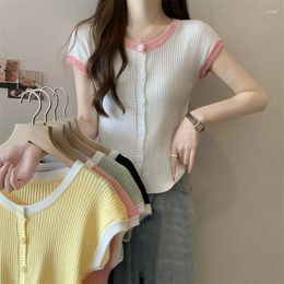 Women's Knits Round Neck Streetwear Korean Casual Women T Shirts Female Clothing Y2K Fashion Tops High Street Button Patchwork Trend Cute