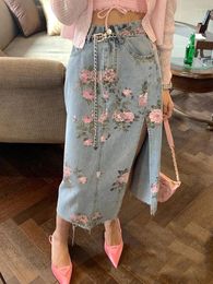 Skirts Long Split Jean Skirt Women High Wasit Patchwork Korean Fashion Sexy Straight Denim Floral Print Streetwear Summer 2023