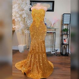 Glitter Gold Beaded Applique Prom Dress For Black Girls 2024 Sparkly Gillter Mermaid Plus Size Reception Gown Robe De Bal