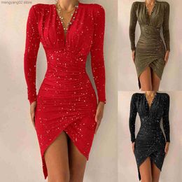 Basic Casual Dresses Party Dresses For Women 2021 Fashion Elegant Hot Stamping Sequins Dress women Irregular-Hem Sexy Deep V-Neck Bodycon Dresses T231026