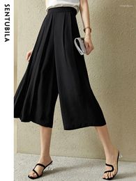 Women's Pants Sentubila High Waist Chiffon Baggy For Women 2023 Summer Elegant Shirring Calf-Length Casual Wide Leg Black Skirt