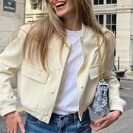 Women s Leather Faux Bomber Jackets Coat Crop Outwear Armygreen Long Sleeve With Pocket Solid ins traf Woman Jacket Navy Blue 231025