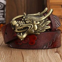 Belts High Quality Mens Dragon Design Alloy Buckle Split Leather Belt Emboss Cow Men Jeans Casual Pants Accessories Must YQ231027