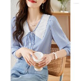 Women's Blouses Women's Stripe Chiffon Shirt Women's Spring And Autumn Temperament Show Thin Lacing Jacket Western Gas Small