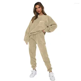 Women's Two Piece Pants Pieces Set Women Tracksuit Autumn Winter Solid Round Neck Long Sleeve Corduroy Pullover Fashion Sport Suit