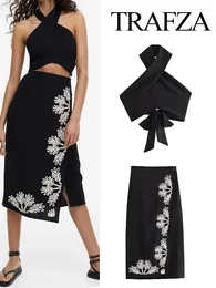 Work Dresses TRAFZA Summer Fashion Sexy Women Black Printed Suits With Vintage Tied Crop Top Female Midi Skirt Sets 2 Piece