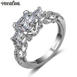 Vecalon Romantic Vintage Female ring Three-stone Diamond cz 925 Sterling Silver Engagement wedding Band ring for women2896