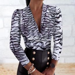 Women's Blouses V-neck Long Sleeve Top Soft Stretchy Women Stylish Leopard/tiger Print Deep Blouse Elegant For Spring/autumn