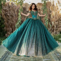 Emerald Green Shiny vestidos de 15 anos Quinceanera Dresses Crystal Beaded Sweet 16 Dress Lace With Cape Ball Gown Prom Gowns