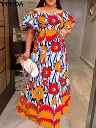 Basic Casual Dresses VONDA Bohemian Summer Sundress 2023 Long Maxi Dress Casual Floral Printed Sexy Off Shoulder Vintage Long Sleeve Party Robe Femme T231026