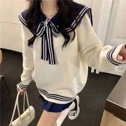 Women's Sweaters Top Women Vintage Knitted Sweater Autumn Sailor Collar Pullover Preppy Style Lace Up Loose Female Long Sleeve Jumper