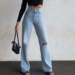 Women's Jeans Fashion Denim Ripped Distressed Woman High Waist Flare Pants Bottom Streetwear Trousers Ladies Women