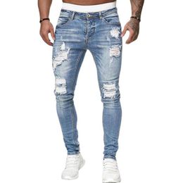 Fashion Mens Jeans Hole Blue Skinny Jeans Simple Zipper Tight Pants Breathable and Comfortable Menfolk Trousers211J