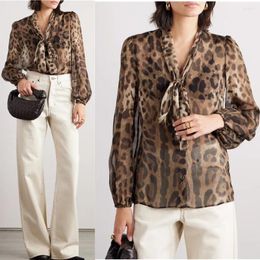 Women's Blouses Luxury Designer Inspired Brown Leopard Print Silk Blouse Shirt With Tie Autumn Fashion 2023