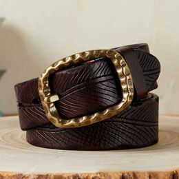 Belts 3.8CM High Quality Real Cowskin Genuine Leather Carving Belt Men Luxury Designer Copper Buckle Male Strap for Jeans Cowboy YQ231026