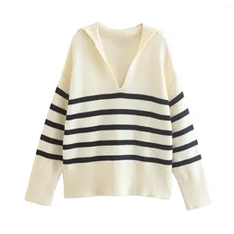 Women's Sweaters Polo Pullover Striped Knitwear Casual Loose Long Sleeve Knitted Top Vintage Fashion Trafins Woman Sweater 2023