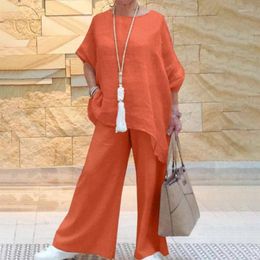 Women's Two Piece Pants All Match Loose 2Pc Set Ladies Cotton Linen Outfits Clothing Solid Elegant 3/4 Sleeve O-neck Blouse Wide Leg Suit