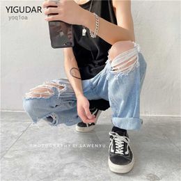 Men's Jeans Men Jeans Wide leg Straight Jeans S -3XL Hole Ripped Street wear All-match Denim Trousers Mens Loose Casual Fashion Harajuku NewL231026